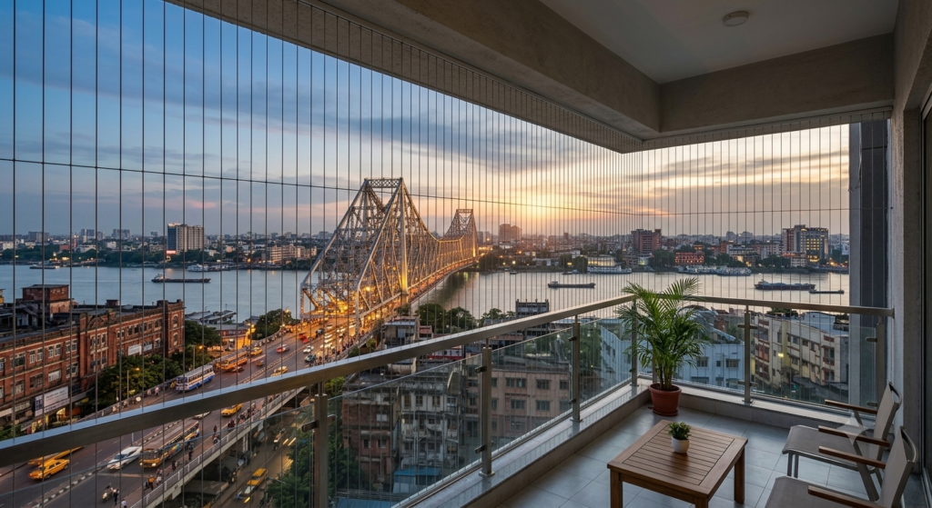 Invisible grill for balcony installation in modern apartment
